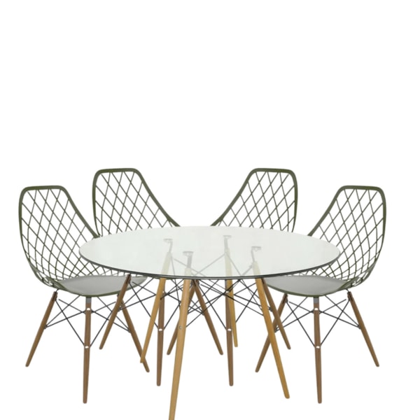 Conjunto Serbin Mesa Eames Redondo 90CM Vidro 4 Cadeiras Kayla PP Verde Militar-24a166a7-8fb1-4b8f-b04e-48eade61e889