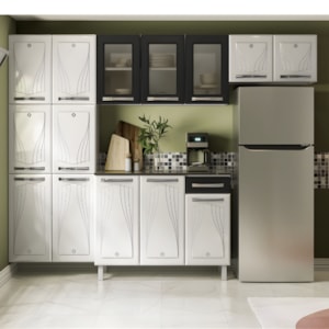 Cozinha Compacta Cristal Telasul 14 Portas, 1 Gaveta com Vidro Preto e Tampo