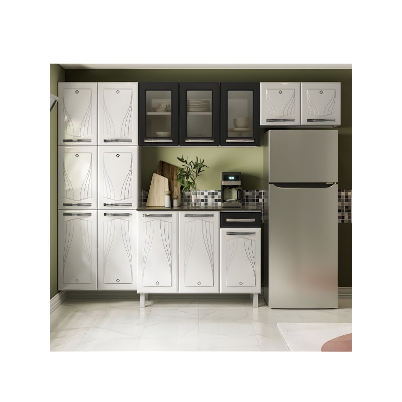 Cozinha Compacta Cristal Telasul 14 Portas, 1 Gaveta com Vidro Preto e Tampo