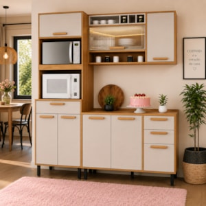 Cozinha Compacta Itatiaia Nápoles 7 Portas 3 Gavetas Nichos com Tampo Resistente Cinamomo/Off White