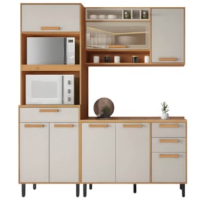 Cozinha Compacta Itatiaia Nápoles 7 Portas 3 Gavetas Nichos com Tampo Resistente Cinamomo/Off White
