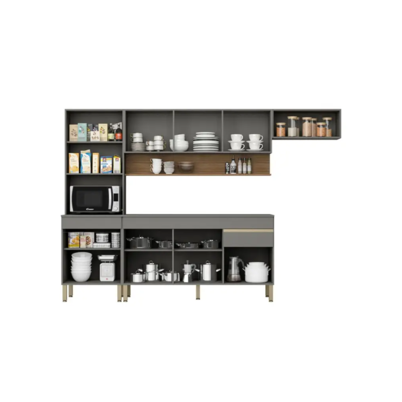 Cozinha Compacta Kits Parana LIine 1500mm 9 Portas 1 Gaveta com Nicho e Tampo Cris/Freijo