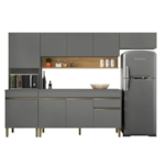 Cozinha Compacta Kits Parana LIine 1500mm 9 Portas 1 Gaveta com Nicho e Tampo Cris/Freijo