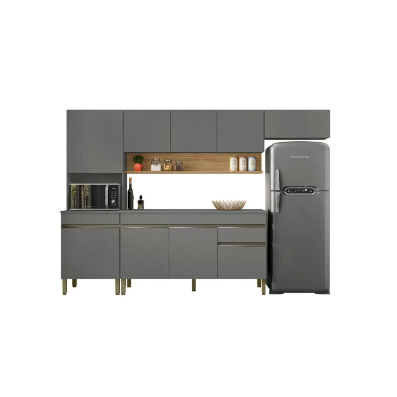 Cozinha Compacta Kits Parana LIine 1500mm 9 Portas 1 Gaveta com Nicho e Tampo Cris/Freijo
