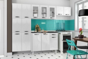 Cozinha Compacta Telasul Rubi 14 Portas 1 Gaveta com Vidro Branca com Marmore Preto