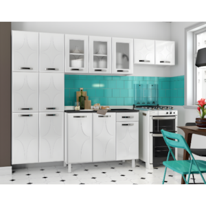 Cozinha Compacta Telasul Rubi 14 Portas, 1 Gaveta com Vidro Branco e Tampo Mármore Preto