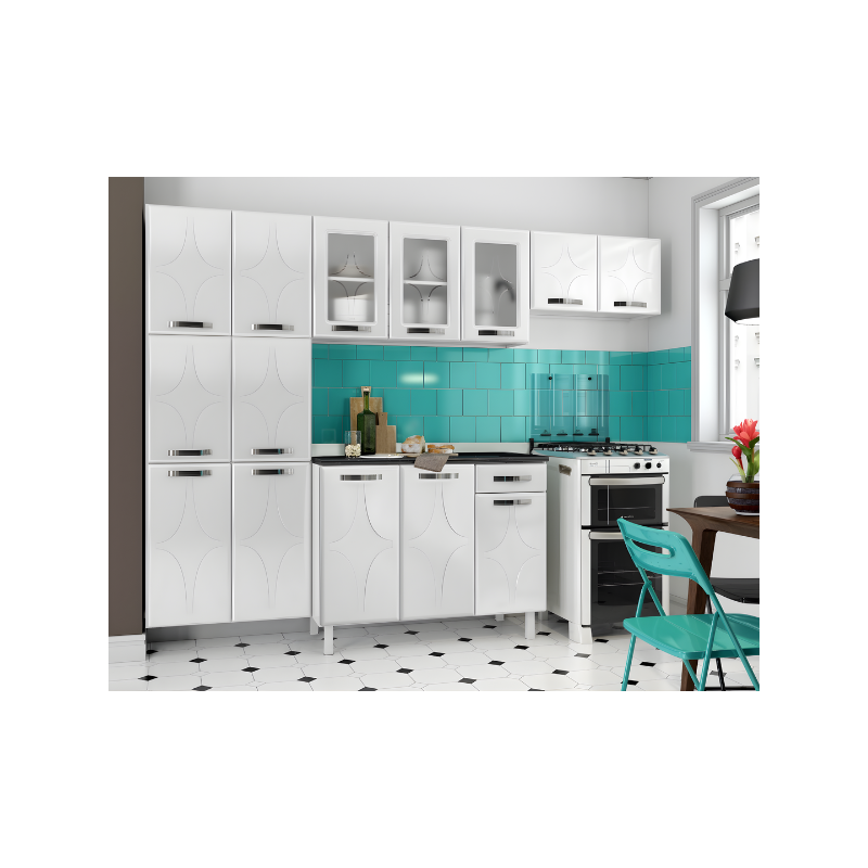Cozinha Compacta Telasul Rubi 14 Portas, 1 Gaveta com Vidro Branco e Tampo Mármore Preto-f1f6b975-f6dc-49a4-90f2-3d4a4186091c