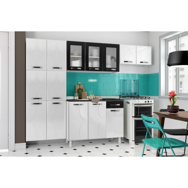 Cozinha Compacta Telasul Rubi 14 Portas 1 Gaveta com Vidro Preta com Marmore Preto-e77b437a-1a7d-48c4-abee-0e7adb775896