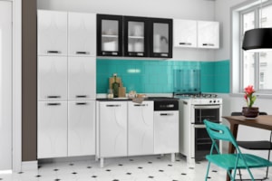 Cozinha Compacta Telasul Rubi 14 Portas 1 Gaveta com Vidro Preta com Marmore Preto