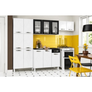 Cozinha Compacta Telasul Rubi Preta com Mármore Preto &ndash; 14 Portas 1 Gaveta com Vidro Temperado e Acabamento Anticorrosivo