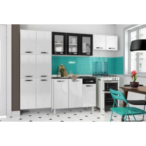 Cozinha Compacta Telasul Rubi Preta com Mármore Preto – 14 Portas 1 Gaveta com Vidro Temperado e Acabamento Anticorrosivo