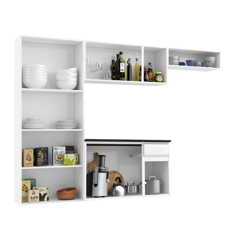 Cozinha Compacta Telasul Rubi Smart 10 Portas 1 Gaveta Branca com Balcao Suspenso Marmore Preto