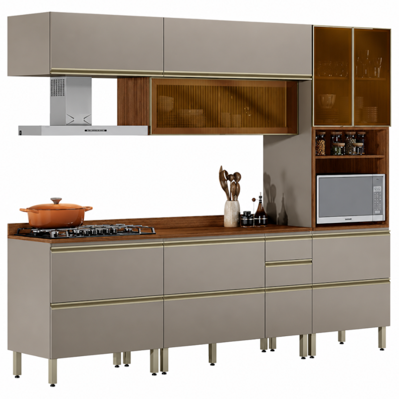 Cozinha Completa Proença 7 Portas 7 Gavetas com Vidro Dp2705rf Nogueira/Nude Prime Tx - Demóbile