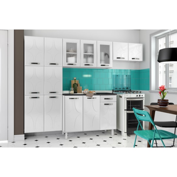 Cozinha Completa Telasul Star New em Aço com 14 Portas, 2 Gavetas, 3 Portas com Vidro Temperado, Puxadores Ônix e Pés Reguláveis – Branco Brilhante-3e36c157-440e-486c-a969-04c95f235fc7