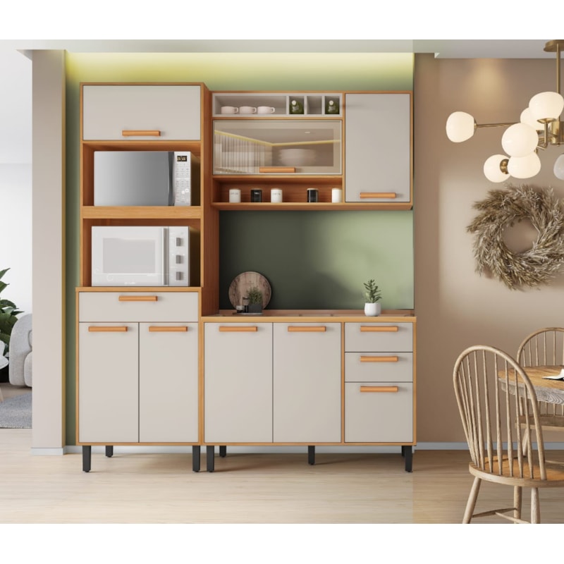 Cozinha Itatiaia Napoles 7 Portas 1 Porta Horizontal 3 Gavetas Cinamomo/Off White PAN-70/ARM-120/BALC-120