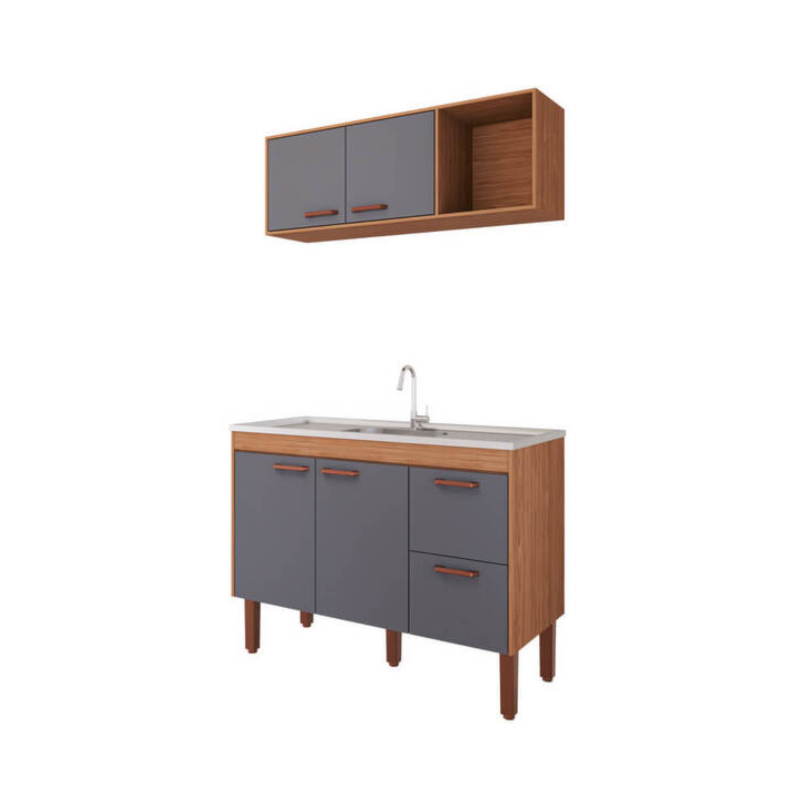 Cozinha MGM Slim 4 Portas 2 Gavetas com Lavatorio 1,44MT Freijo/Titanium