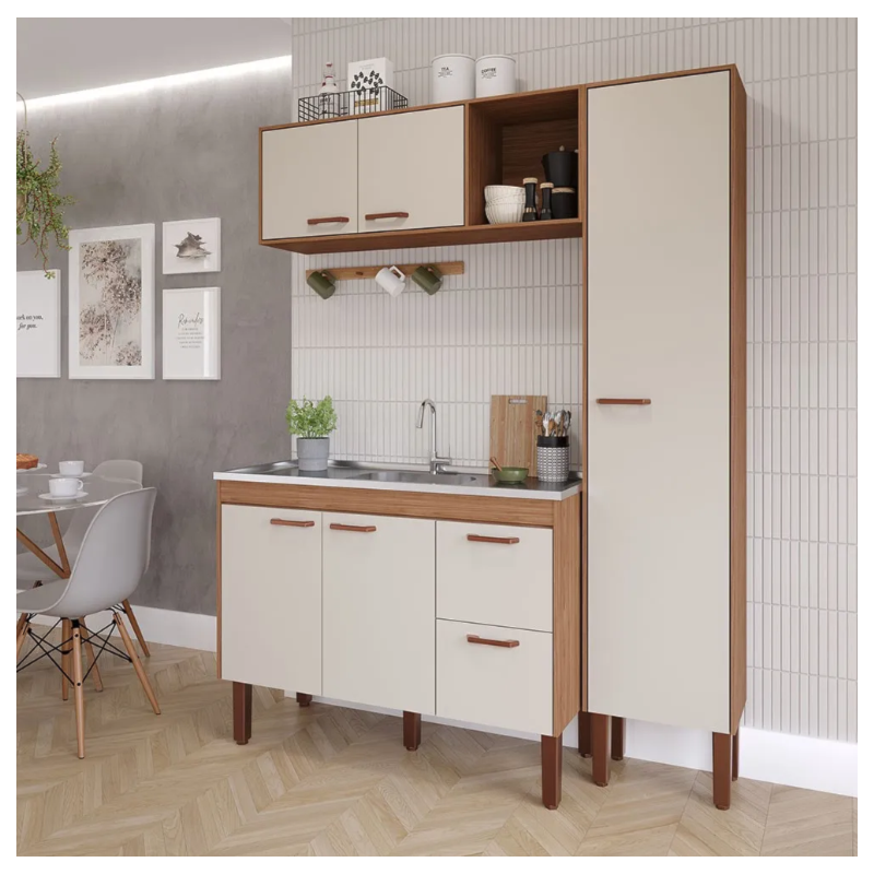 Cozinha MGM Slim 5 Portas 2 Gavetas Com Lavatorio 1,44MT Freijo/Off White 23537.56/23541.56