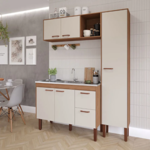 Cozinha MGM Slim 5 Portas 2 Gavetas Com Lavatorio 1,44MT Freijo/Off White 23537.56/23541.56