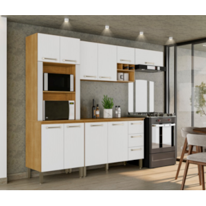 Cozinha Modulada Kits Paraná Ametista com 5 Módulos em MDP, Pés Reguláveis, Tampo 120 cm e Espaço para Forno – Cor Freijó Supremo