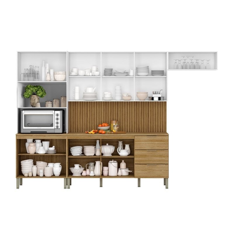 Cozinha Parana Glam 10 Portas 3 Gavetas com Balcao Freijo Supremo Ripado Freijo