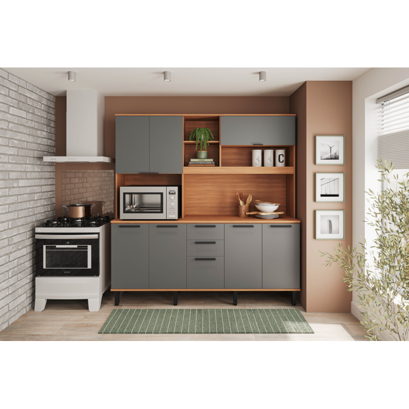 Cozinha Telasul Castanha 8 Portas 2 Gavetas com Nicho 190cm – Freijó/Cinza – Aço com Pintura Eletrostática