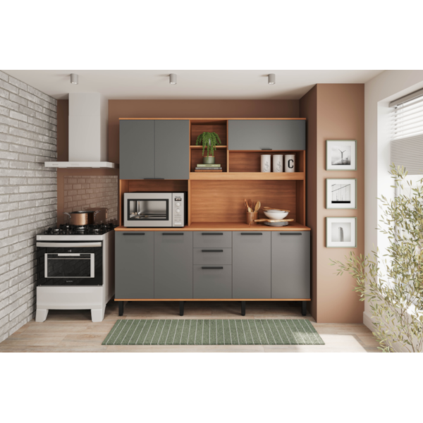 Cozinha Telasul Castanha 8 Portas 2 Gavetas com Nicho 190cm - Freijó/Cinza - Aço com Pintura Eletrostática-6b06f2d6-aa2c-4886-948e-61bd8a43f5e9