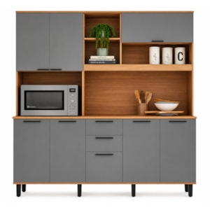 Cozinha Telasul Castanha 8 Portas 2 Gavetas Nicho 1900 mm Freijó/Cinza