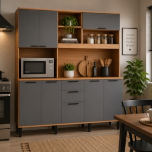 Cozinha Telasul Castanha 8 Portas 2 Gavetas Nicho 1900 mm Freijó/Cinza