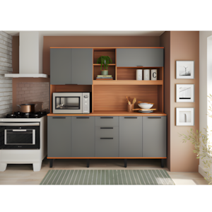 Cozinha Telasul Castanha 8 Portas 2 Gavetas Nicho 1900 mm Freijó/Cinza