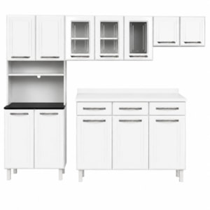Cozinha Telasul Esmeralda Plus 12 Portas com Vidro, 3 Gavetas com Tampo Branco