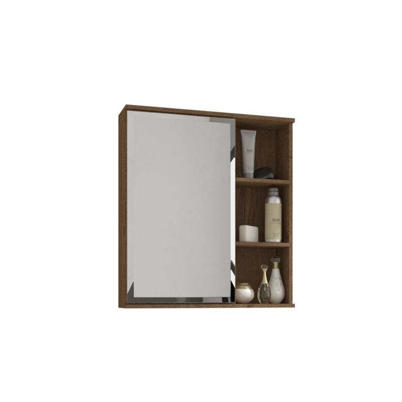 Espelheira para Banheiro Suspensa MGM Treviso 56CM com 1 Porta e Prateleira Amendoa