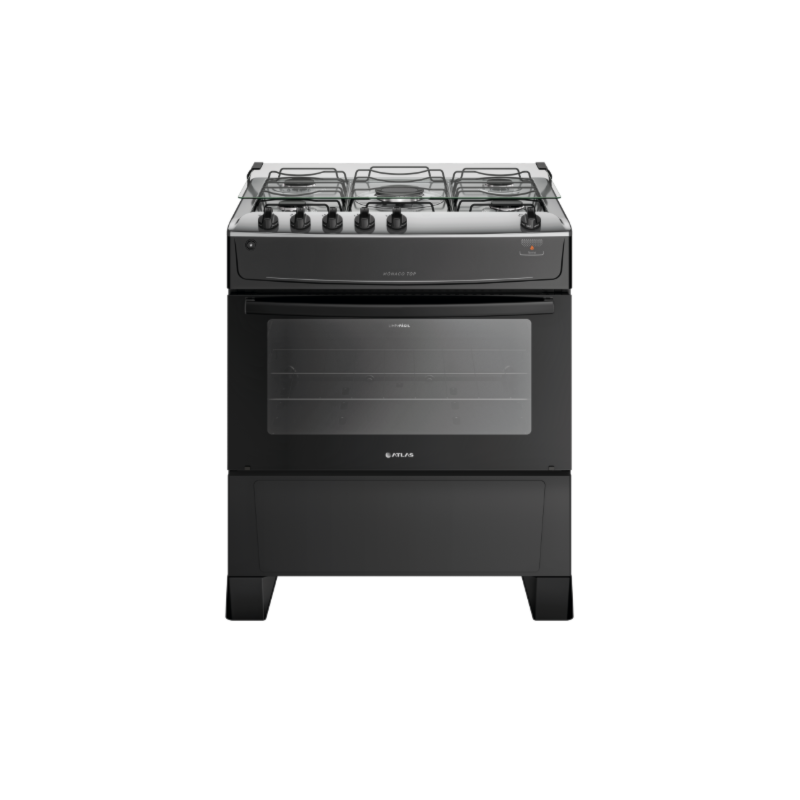 Fogao Atlas com Mesa de Inox Monaco Top 5 Bocas com Acendimento Automatico Preto