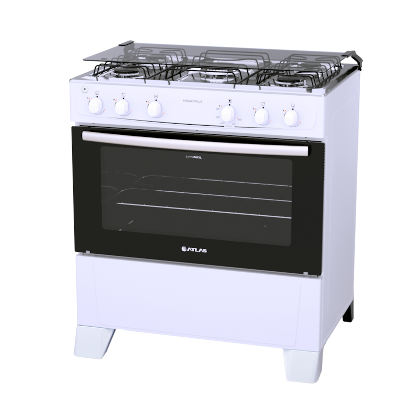 Fogao Atlas Monaco Plus Gas com Mesa Inox 5 Bocas Acendimento Automatico Branco