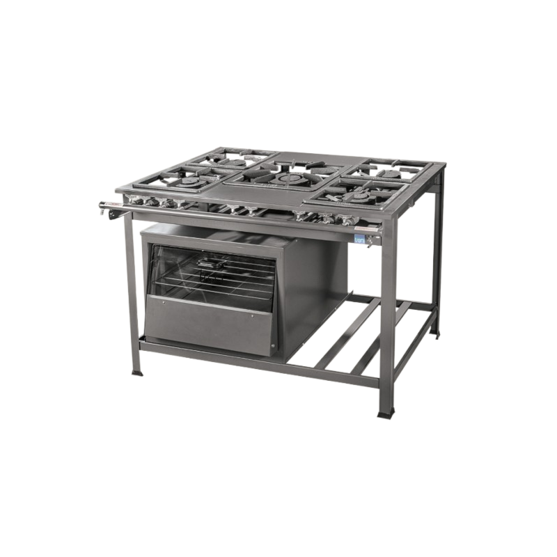 Fogao Industrial Tron N.E com 2 Queimador Simples, 2 Queimador Duplo e 1 Queimador Duplo Grande 40x40 e Forno com Tampa de Vidro com Baixa Pressao Grafite