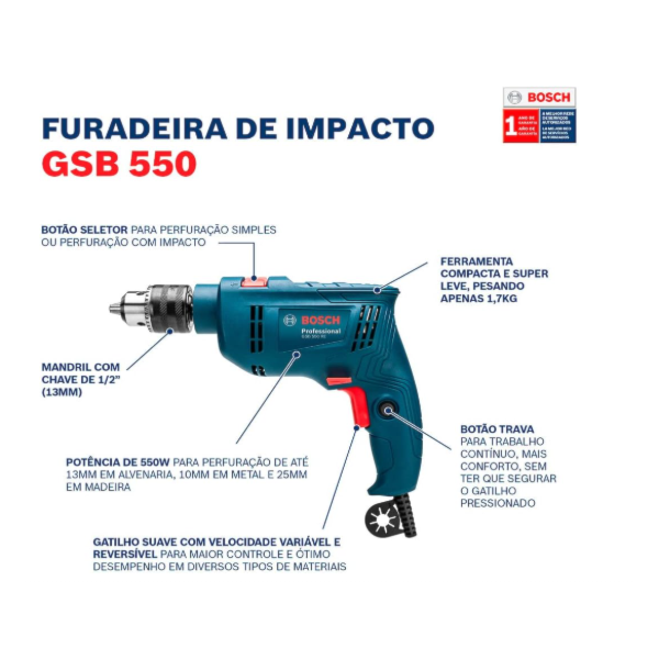 Furadeira de Impacto Bosch GSB 550 RE 550W 127V com 14 Acessorios-ac820a2c-c854-4704-9ff8-56f07fb71c11