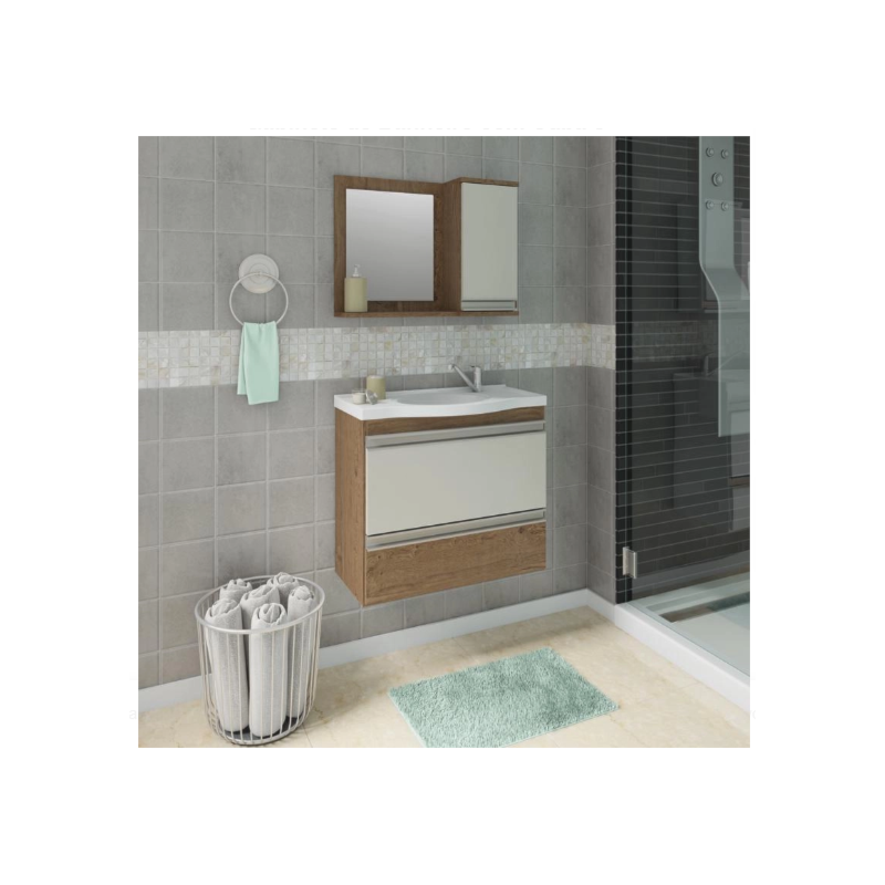 Gabinete para Banheiro Suspenso MGM Grecia 65CM 2 Portas 1 Gaveta com Espelheira e Lavatorio Amendoa/Off White