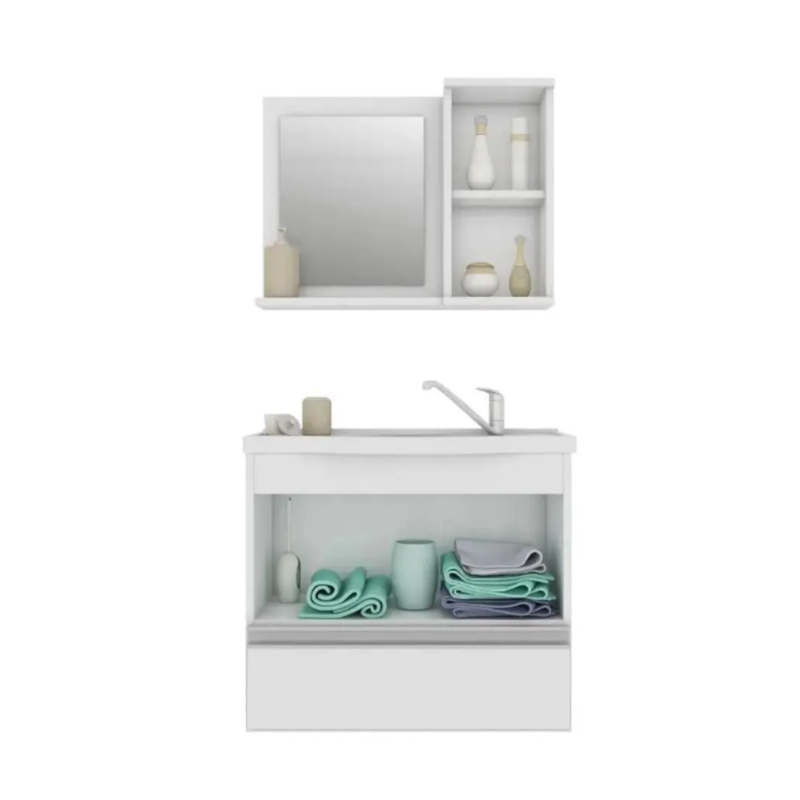 Gabinete para Banheiro Suspenso MGM Grecia 65CM 2 Portas 1 Gaveta com Espelheira e Lavatorio Branco