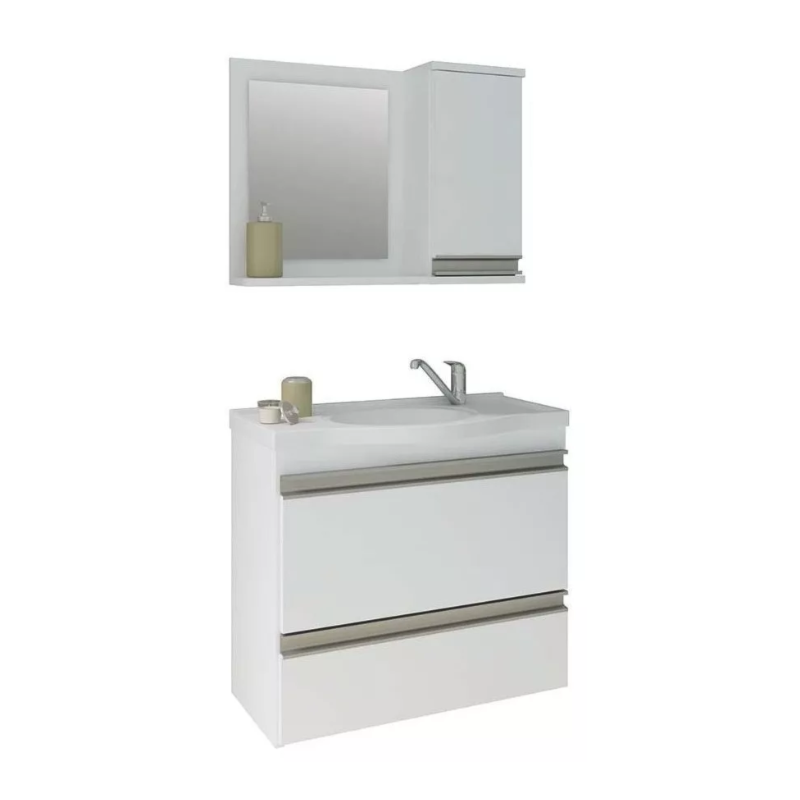 Gabinete para Banheiro Suspenso MGM Grecia 65CM 2 Portas 1 Gaveta com Espelheira e Lavatorio Branco