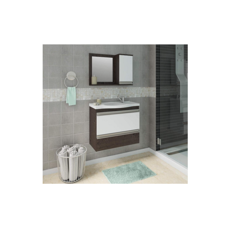 Gabinete para Banheiro Suspenso MGM Grecia 65CM 2 Portas 1 Gaveta com Espelheira e Lavatorio Cafe/Branco