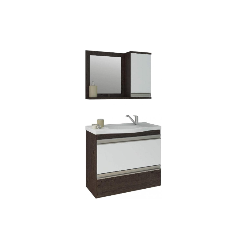 Gabinete para Banheiro Suspenso MGM Grecia 65CM 2 Portas 1 Gaveta com Espelheira e Lavatorio Cafe/Branco