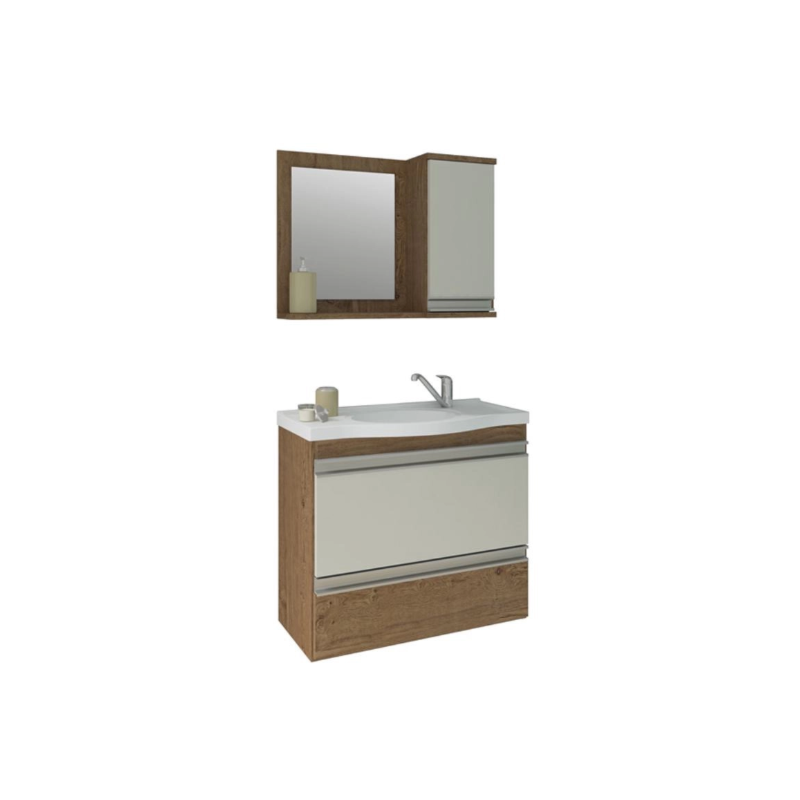 Gabinete para Banheiro Suspenso MGM Grécia 65cm com Espelheira, Lavatório, 2 Portas e 1 Gaveta Amêndoa/Off White