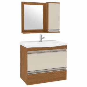 Gabinete para Banheiro Suspenso MGM Grécia 65cm com Espelheira, Lavatório, 2 Portas e 1 Gaveta Amêndoa/Off White