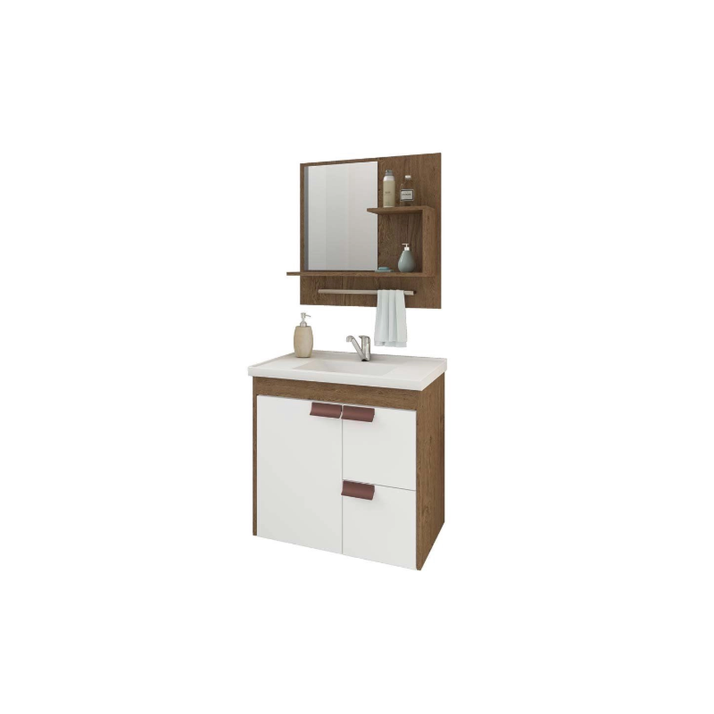 Gabinete para Banheiro Suspenso MGM Grécia 65cm com Espelheira, Lavatório, 2 Portas e 1 Gaveta Amêndoa/Off White