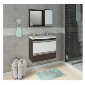 Gabinete para Banheiro Suspenso MGM Grécia 65cm com Espelheira, Lavatório, 2 Portas e 1 Gaveta Café/Branco