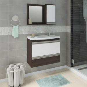 Gabinete para Banheiro Suspenso MGM Grécia 65cm com Espelheira, Lavatório, 2 Portas e 1 Gaveta Café/Branco