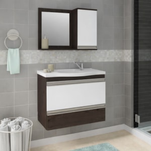 Gabinete para Banheiro Suspenso MGM Grécia 65cm com Espelheira, Lavatório, 2 Portas e 1 Gaveta Café/Branco