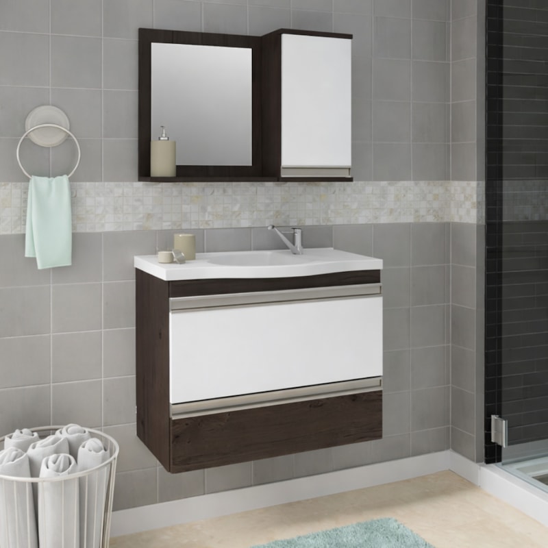 Gabinete para Banheiro Suspenso MGM Grécia 65cm com Espelheira, Lavatório, 2 Portas e 1 Gaveta Café/Branco-00642879-26c5-46b8-9550-65419edfc76f
