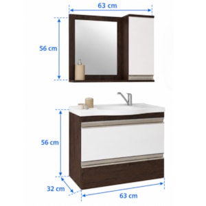 Gabinete para Banheiro Suspenso MGM Grécia 65cm com Espelheira, Lavatório, 2 Portas e 1 Gaveta Café/Branco
