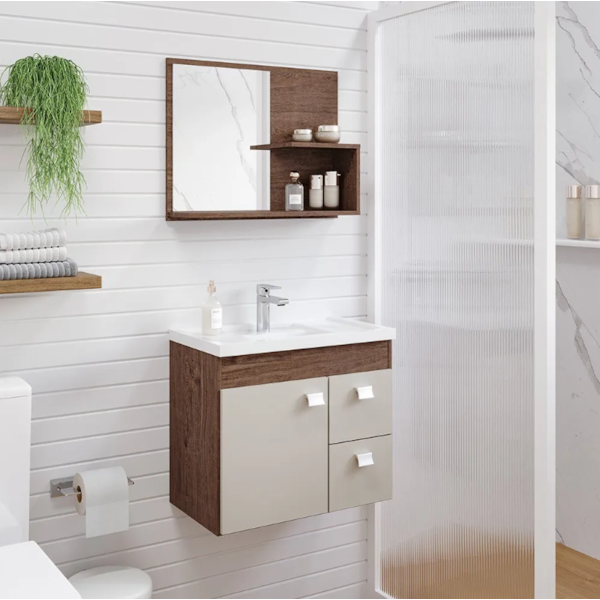 Gabinete para Banheiro Suspenso MGM Hortencia 55CM 1 Porta 2 Gavetas com Espelheira e Lavatorio Amendoa/Off White-7a3a8038-dfdf-4119-ae64-d14311ec5712