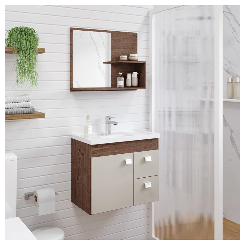 Gabinete para Banheiro Suspenso MGM Hortencia 55CM 1 Porta 2 Gavetas com Espelheira e Lavatorio Amendoa/Off White